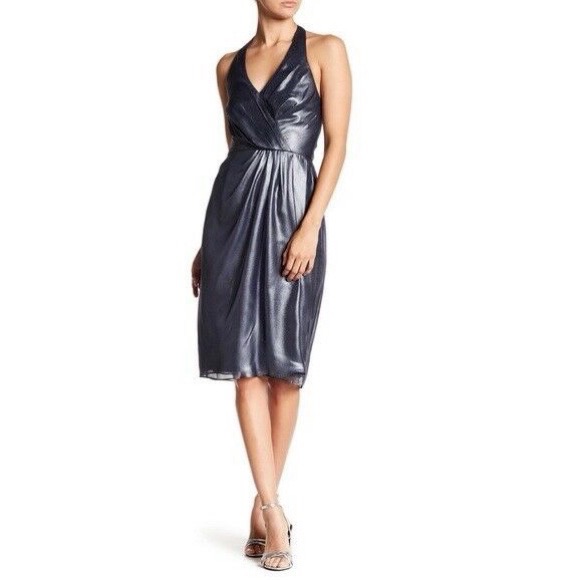 Nwt Vera Wang Navy Blue Metallic Halter Neck Cocktail Dress Size 8